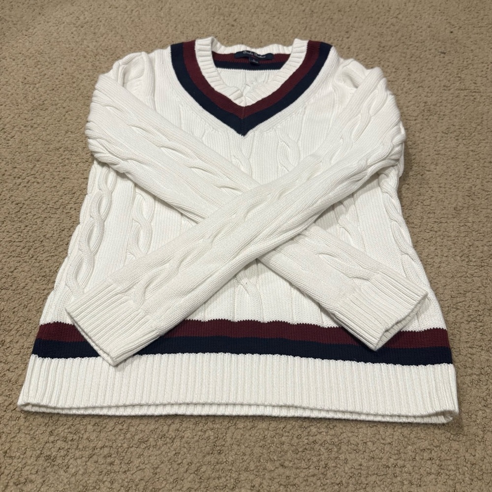 Brooks Brothers Kids' White Cable Knit Sweater with Red and Blue Trim
